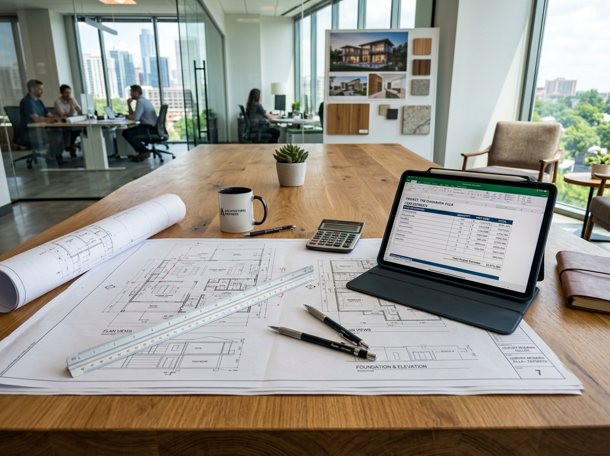 Architectural drawings, cost estimates, and precision measuring tools